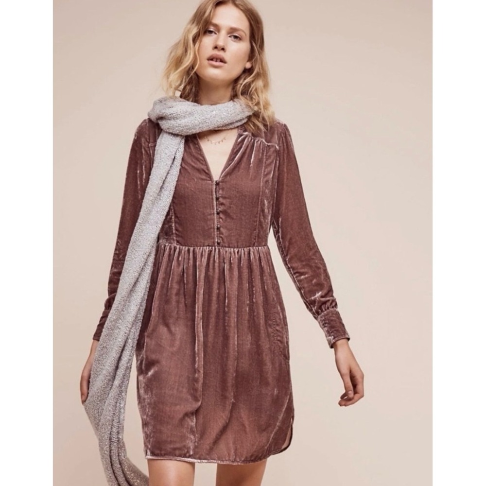 Holding Horses Crushed Velvet Shirtdress Size XSP Mauve Long Sleeve Tunic Mini